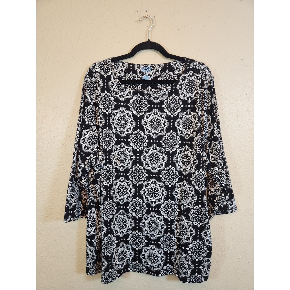 Croft‎ & Barrow Womens 2X Black White Medallion 3/4 Sleeve Cotton Tunic Top